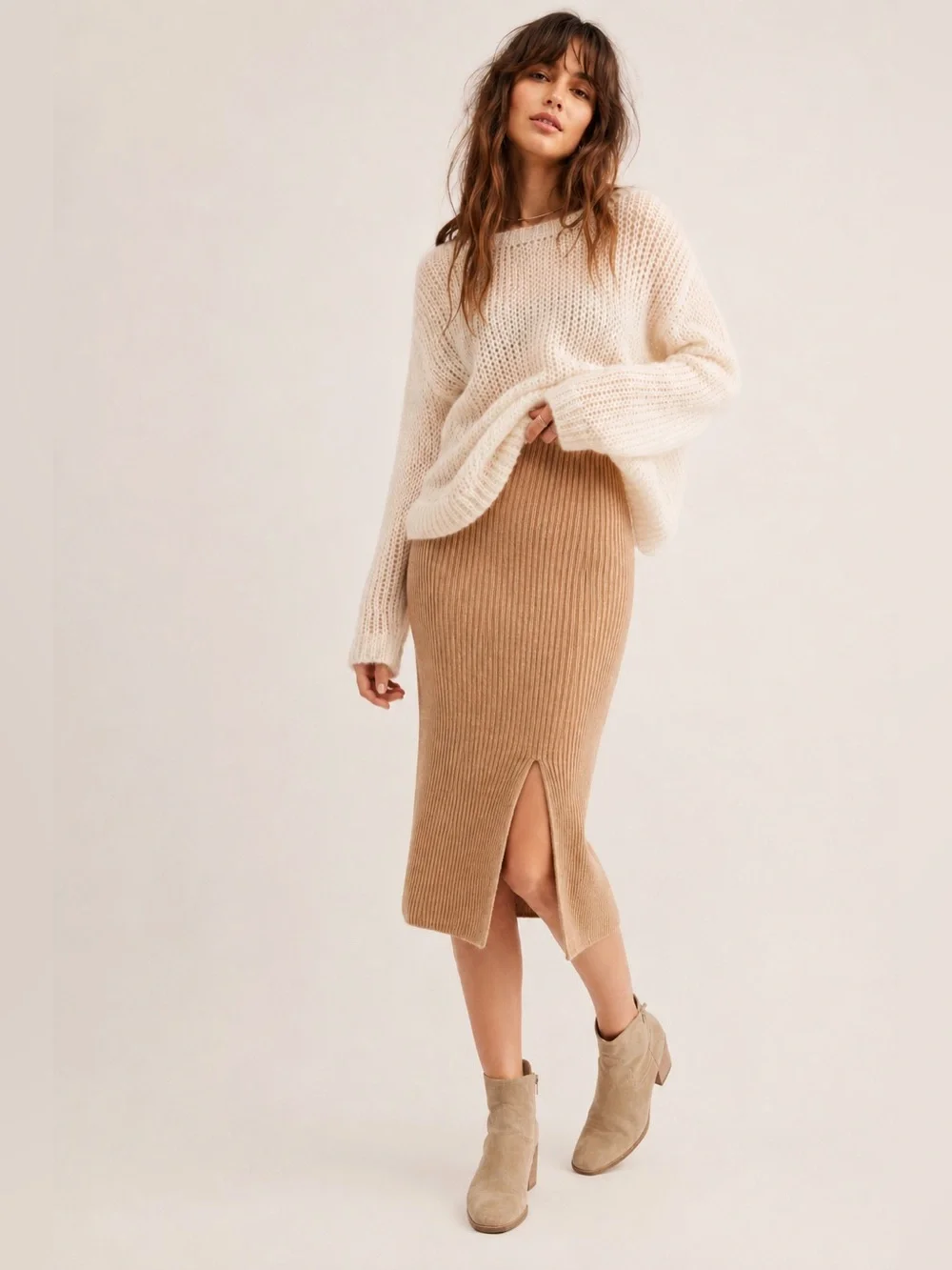 Free People Skyline Camel Ribbed Knit Midi Pencil Skirt Front Slit Size S